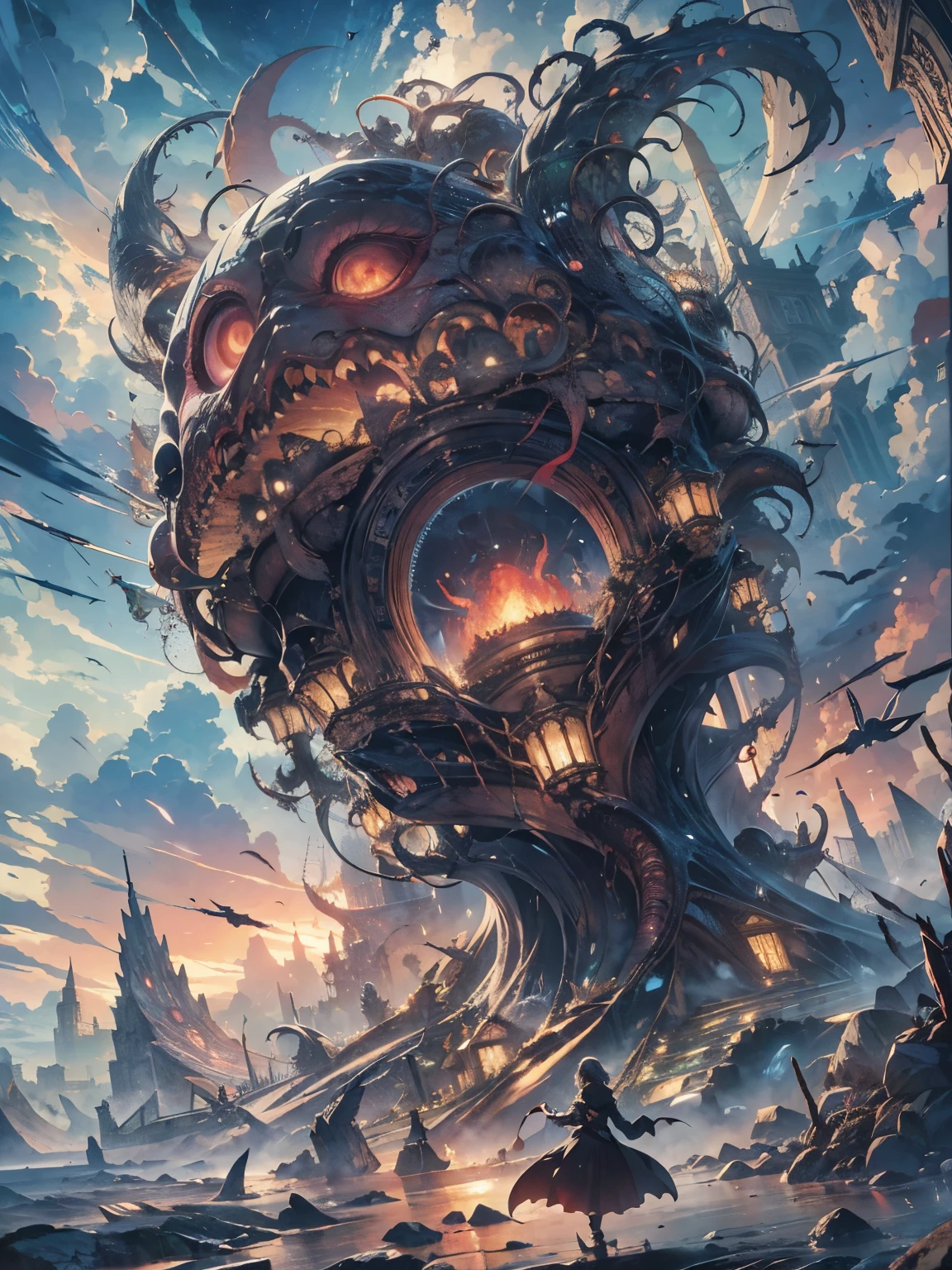 Best image quality, masterpiece, Ultra-high resolution, Imagine the unfathomable horror, The Outer God of the Cthulhu Mythos that is impossible to explain or understand. Its shape is、触手と巻きひげのUndulating塊である, Constantly changing with grotesque dances、Undulating. Blake, those many eyes are cold and emotionless., It's like seeing the world from an alien's perspective. The creature towers above everything in its path., As we roam the universe、Mountain々and cities will also be dwarfed.. The skin is smooth and slippery, Mysterious runes are engraved on the surface.、Mysterious energy pulsates. The very air around the outer God sparkles powerfully, Just by existing, it becomes distorted. Blake: Make a sound that is not a roar., Not a scream, but、Something more sinister and disturbing. This is beyond human understanding, A creature from the void that defies all attempts at rationalization or understanding.. This image of the outer God、It is a testament to the dark and terrifying depth of the human imagination.