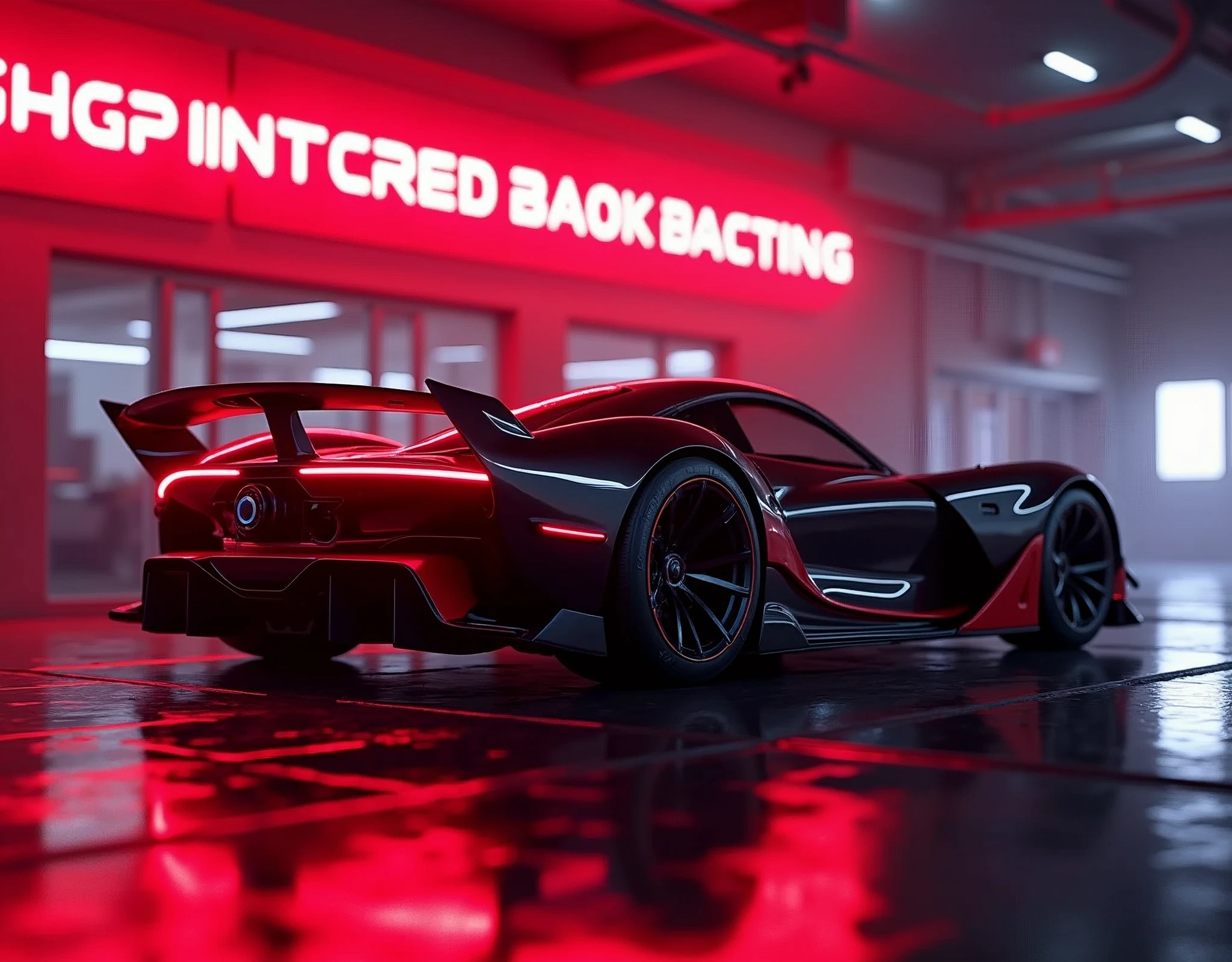 Neon sign with a neon red border text red neon above the car that say "Infinity Speed" with a modern sports car with a neon red and black color scheme, suggesting a futuristic or high-tech theme, Side view, The vehicle is designed with aerodynamic features, such as a large rear wing and air intakes on the side, indicating its performance-oriented nature. The car's sleek bodywork and low-profile tires contribute to its sporty aesthetic. The background has a digital, neon-lit effect, which complements the car's stylized appearance and reinforces the futuristic theme of the image. There are no people or indications of specific locations that would require the identification of traits such as gender or race., retina, accurate, masterpiece, super detail, best quality, award winning, highres, HD, 4K, 8k, 16k