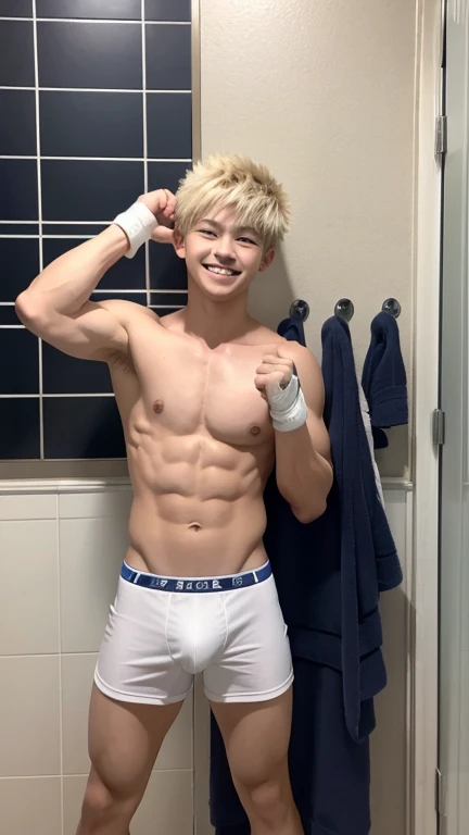 Japanese high school boy、、Well-developed muscles and smooth skin、Pale blonde hair, spiky like Bakugou、Relaxed and friendly smile、Boxer briefs、The whole body is visible from toes to head、Fist pump in the bathroom、Hero Academy
