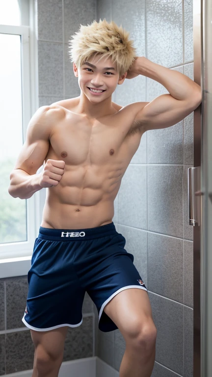 Japanese high school boy、、Well-developed muscles and smooth skin、Pale blonde hair, spiky like Bakugou、Relaxed and friendly smile、Boxer briefs、The whole body is visible from toes to head、Fist pump in the bathroom、Hero Academy