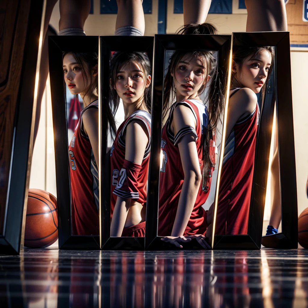 SFW,  ExtremelyDetailed (((Basketball Team Girls in a row:1.4))), Childish perfect face, Reflective Eyes, Detailed(Delicate Clothing textures), Corrected Leg to Foot Line, Corrected Perfect Hand, Dynamic Joyful Expressions LifeLike Rendering, ((Specular Reflection:1.28)), mirrors, TopQuality 8K Ultra-detailed masterpiece (ProfessionalPhoto:1.37)(Acutance:0.8),(Luminism:1.22), (Exposed)