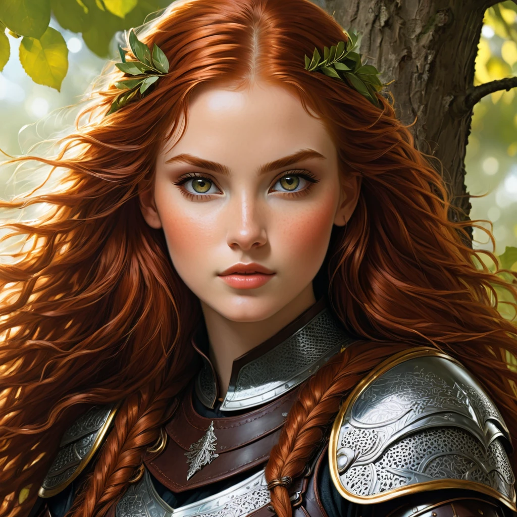 an image Nayane Laura Menequel XX weeks 13, a beautiful young woman with a friendly warrior appearance, detailed clear honey eyes, long redhead hair, wearing leather armor sitting in a tree