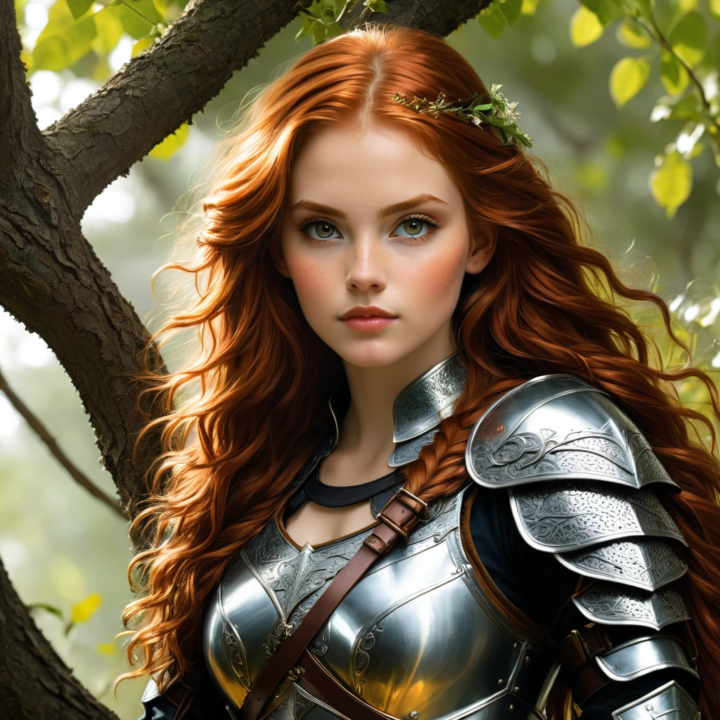 an image Nayane Laura Menequel XX weeks 13, a beautiful young woman with a friendly warrior appearance, detailed clear honey eyes, long redhead hair, wearing leather armor sitting in a tree