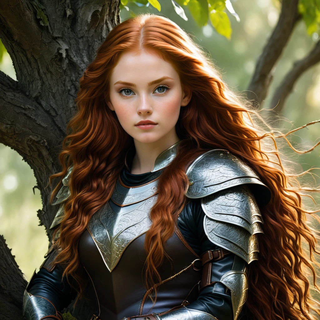 an image Nayane Laura Menequel XX weeks 13, a beautiful young woman with a friendly warrior appearance, detailed clear honey eyes, long redhead hair, wearing leather armor sitting in a tree