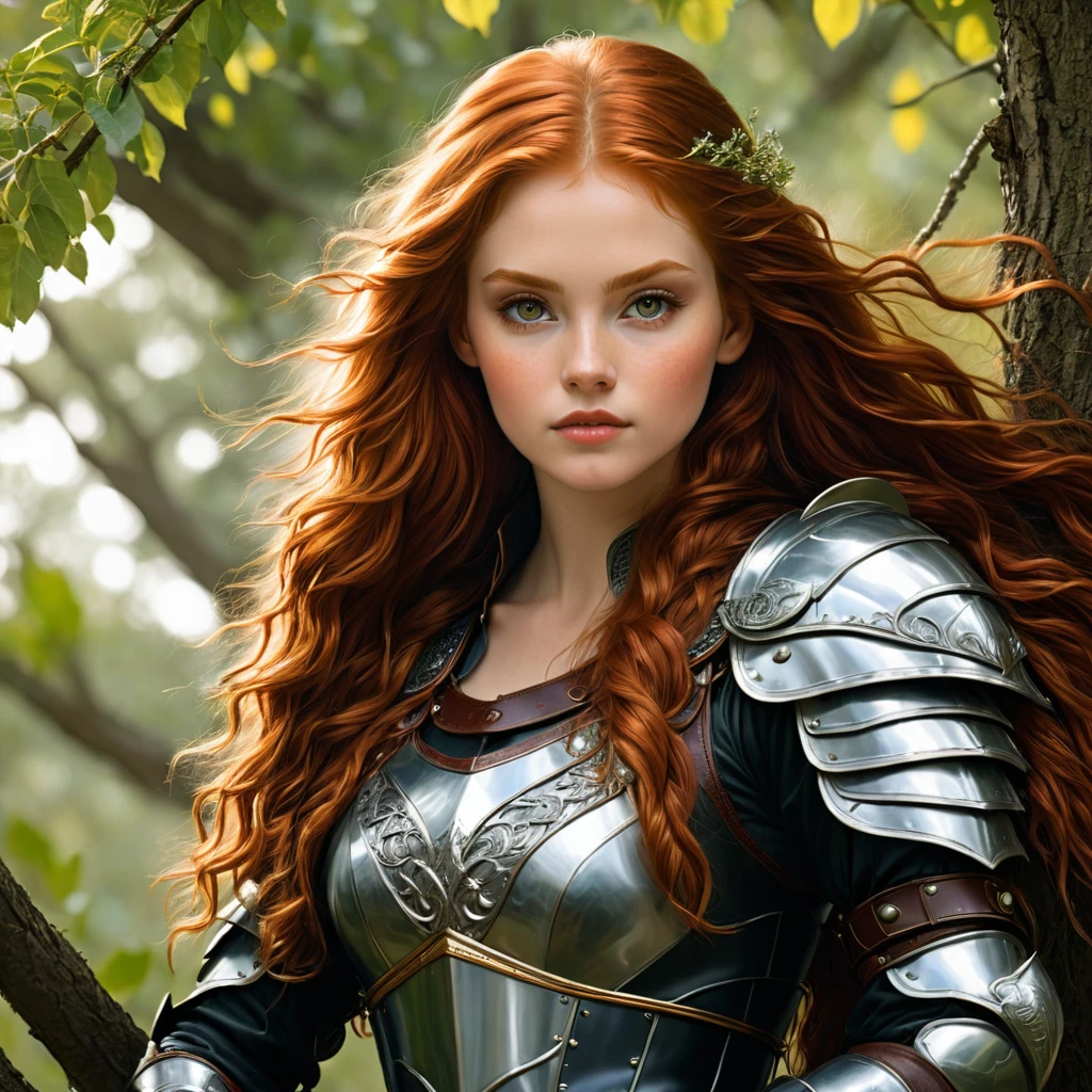 an image Nayane Laura Menequel XX weeks , a beautiful young woman with a friendly warrior appearance, detailed clear honey eyes, long redhead hair, wearing leather armor sitting in a tree