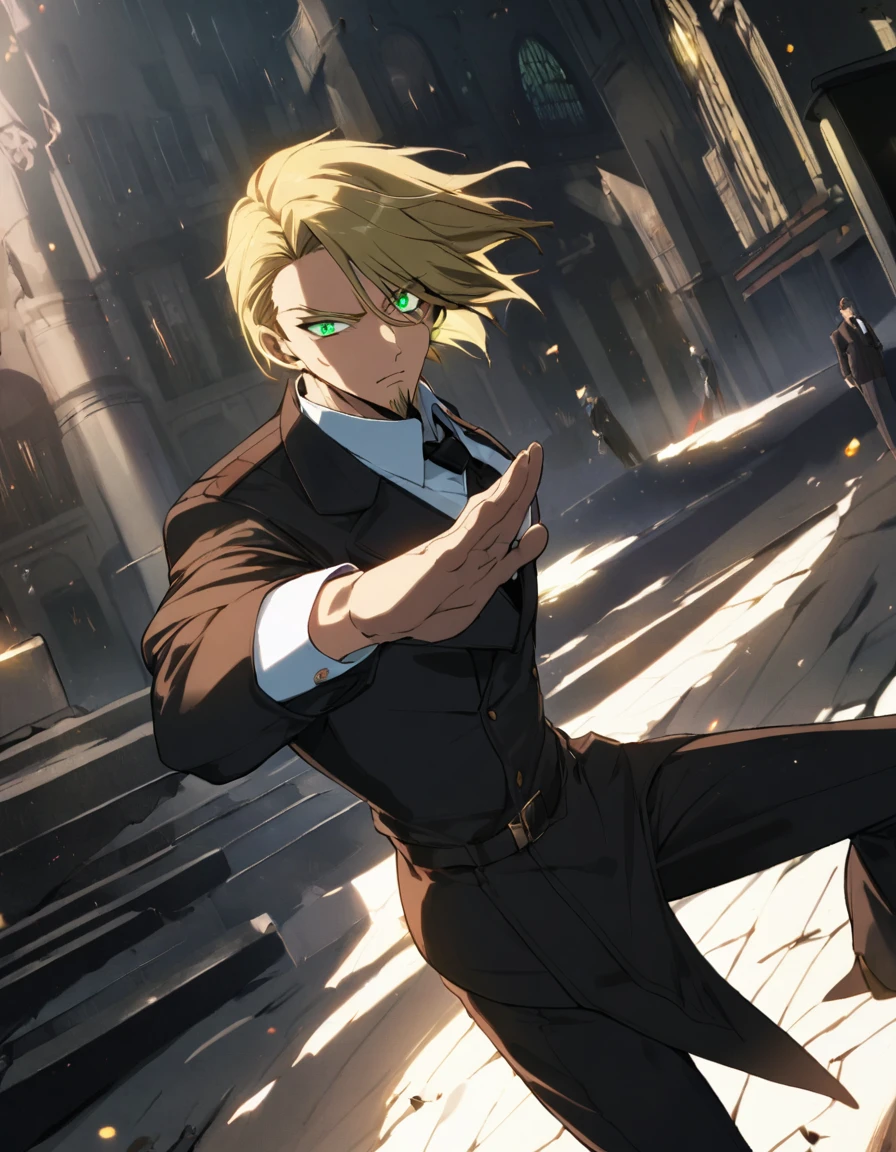1man, vigorous secret service, handsome mature, business hair with asymmetrical bangs, goatee, green platina blond hair, emerald eyes, crewcut, BREAK 45yo, charming caucasian, veteran, pentagon shaped, facial wrinkles, elite detective, BREAK ideal ratio body proportions, middle weight muscular, beautiful detailed eyes, chiseled, deep-set, BREAK solo, funeral black suit, black necktie, white shirt, at wall street, detailed background, fighting stance, BREAK upperlegs, epic scene, dramatic expression, 2010s, retro visual novel, in persona style, in newest eroge style, dutch angle, BREAK cinematic shadows, cinematic lighting, lens flare, light leaks, texture, absurdres absolutely resolution, extreme all detailed, masterpiece, best quality