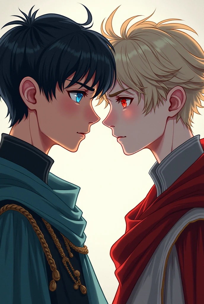 Imagine a book cover with two boys staring straight ahead. The boy on the left has black hair and extremely bright blue eyes., that stand out in contrast with her dark hair. The boy on the right has blond hair, slightly messy, that reflects the light softly his skin is extremely white and his eyes are red like fire he is taller and his face is cold. The background is simple and neutral, maybe with a smooth gradient, to ensure the focus is entirely on the two boys and the moment of connection they share. They are both adults in ancient royal clothing.
