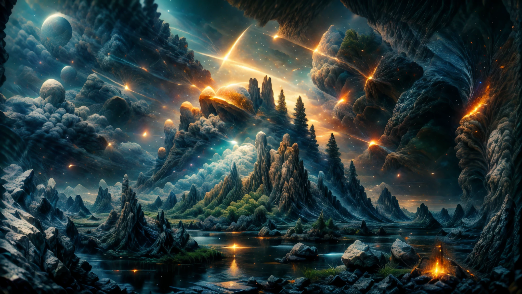 Amazing, 8K, gothic temple, Raw Photo, Amazing, Top Quality, Photorealistic and Highly Detailed, CG, High Quality, Highly Detailed, Particle Effects, Dynamic Effects, cinematic lights, flares, raytracing, realistic, ultra HD, fantasy, the wind, the beauty and brilliance of dramatic tall mountains and rich forests, the serenity and beauty of the world's grasslands and vast lands, Lakeside, wonderful scenery, beautiful natural scenery, night, starry sky, constellation, nebula, faint moon, space, gorgeous, view, water, constellation, wonder, fantastic, meteor, magic, best illumination, best shadow