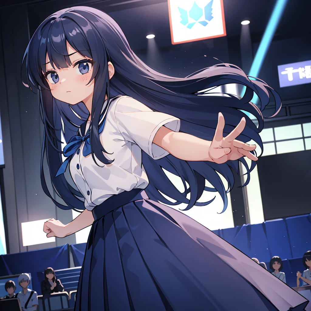 (Extremely detailed CG:1.2), (masterpiece:1.2), (best quality:1.2),,((absurd)),Looking at the audience,whole body, ,(1 Girl),Solitary,(Long hair),(Mataiyong uniform),(White short sleeve shirt),(navy_Blue pleated skirt),(Long skirt),Dynamic Angle,permanent,Dynamic poses,((Exquisite facial features)),,
