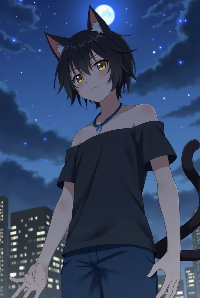 score_9,score_8_up,score_7_up,score_6_up, source_anime, 1boy, animal ears, solo, cat ears, cat tail, black hair, short hair, yellow eyes, blue necklace, closed mouth, furry, cat boy,
claws, off shoulder,
from below,
full body, sad eyes,
depth of field, blurry, foreshortening,
dappled moonlight, outdoors, , scenery, moonlight, night sky, bioluminescence, in the city,
masterpiece, best quality, very aesthetic, absurdres
