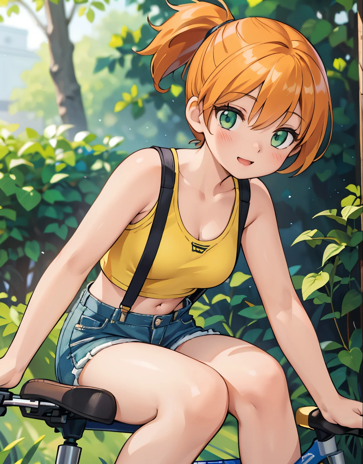 (best quality,4k,8k,highres,masterpiece:1.2), ultra-detailed, realistic:1.37, HDR, studio lighting, vivid colors, bokeh, baking, unattached beautiful girl,A young woman riding a bicycle, peacefully seated atop her two-wheeled mode of transportation, beautiful detailed eyes, beautiful detailed lips, extremely detailed eyes and face, long eyelashes, girl riding a bicycle, outdoors, nature,beautiful detailed eyes,beautiful detailed lips,extremely detailed eyes and face,long eyelashes, with a lovestruck gaze, (photorealistic:1.37), with (best quality,4k,8k,highres,masterpiece:1.2), misty, 1girl, breasts, looking_at_viewer, short_hair, closed_mouth, bangs, navel, hair_between_eyes, bare_shoulders, sitting, green_eyes, full_body, lying, sleeveless, midriff, orange_hair, side_ponytail, crop_top, looking_to_the_side, eyelashes, bare_legs, sleeveless_shirt, leaning_forward, arm_support, suspenders, tank_top, denim_shorts, yellow_shirt, hair_tie, green_shorts, suspender_shorts, yellow_tank_top, down blouse, body shape, chubby thighs, thick thighs, open mouth, smile, ultra-detailed description, capturing every exquisite detail of her appearance. Her eyes are mesmerizing, with long curled lashes, glistening in the light. Her lips are perfectly shaped, with a subtle hint of a smile. radiating grace and charm. The scene is bathed in warm and romantic lighting, creating a captivating ambiance. The artwork possesses a fusion of realism and artistic flair, resulting in a masterpiece that showcases the emotions of love and admiration.