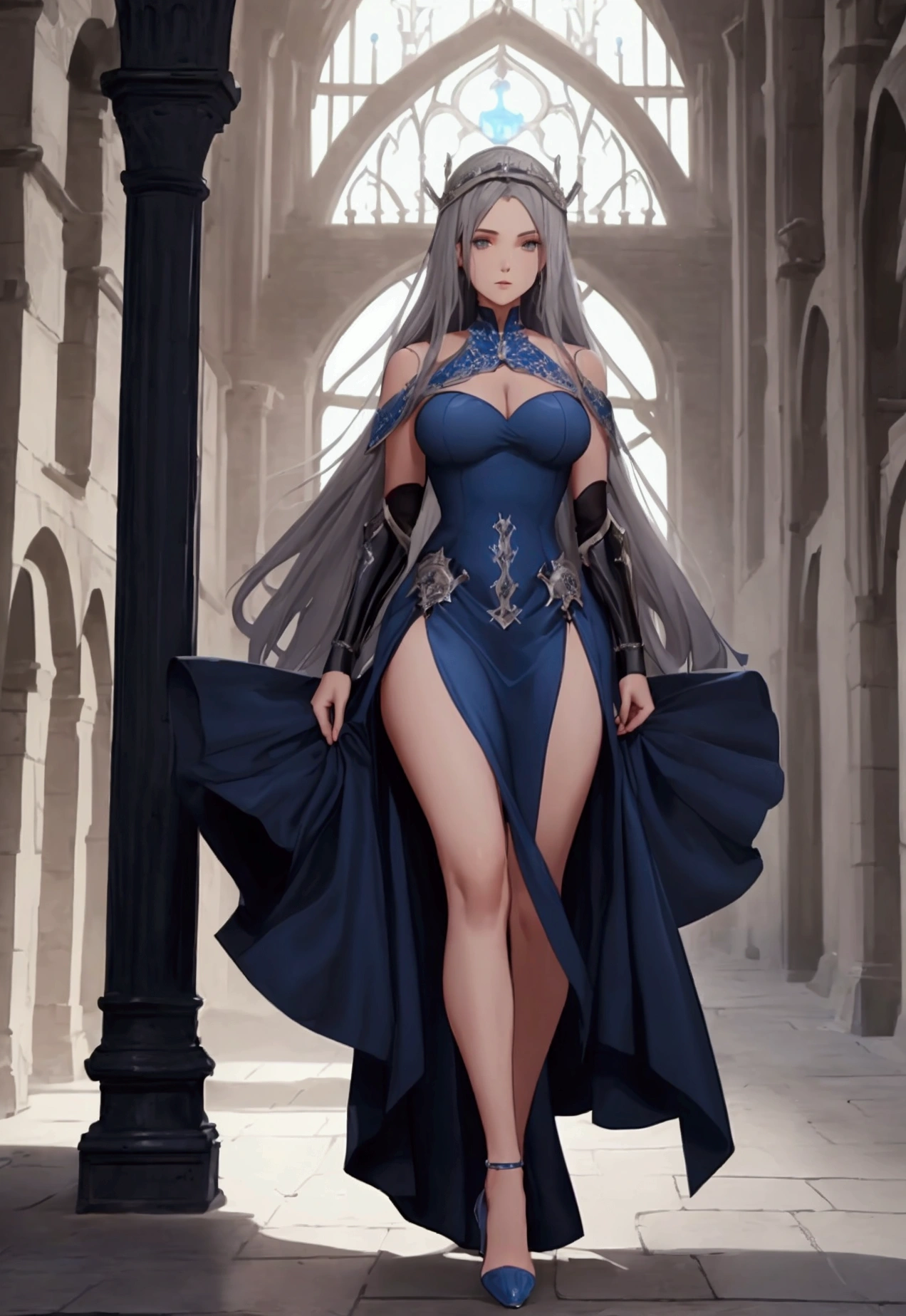 beautiful woman, Whole body, dark gray hair, medieval blue dress, perfect legs, bare legs, bare arms, beautiful heels, fancy heels, walking on the horizon, very large medial castle background. Blue and white medieval dress, Anne of arms.