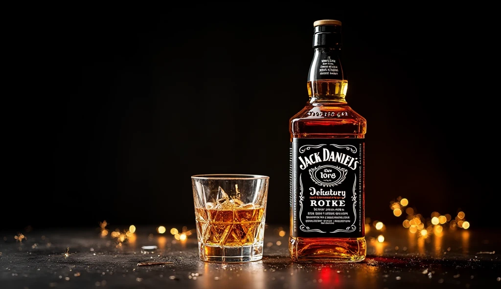 wiskey bottle jack daniels and glass in front of the bottle closer with a black background and sparkles