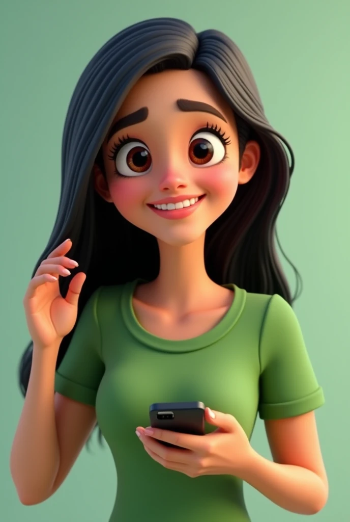 happy woman smiling, holding only a cell phone,with a green short-sleeved shirt,with long black hair ,Pixar Disney artwork, 3d