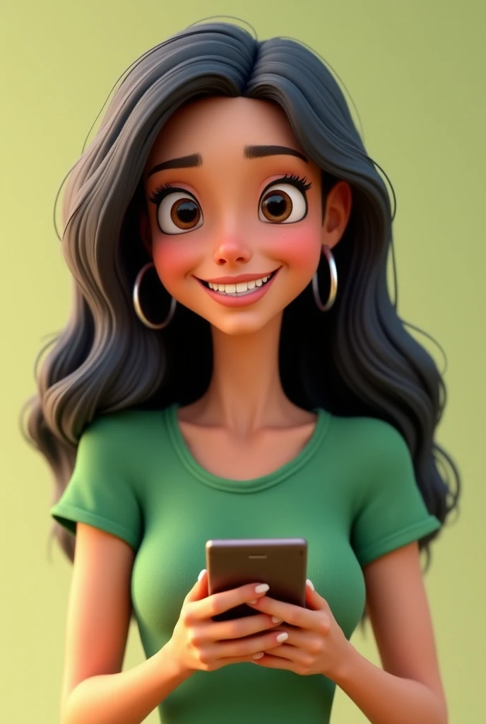 happy woman smiling, holding only a cell phone,with a green short-sleeved shirt,with long black hair ,Pixar Disney artwork, 3d