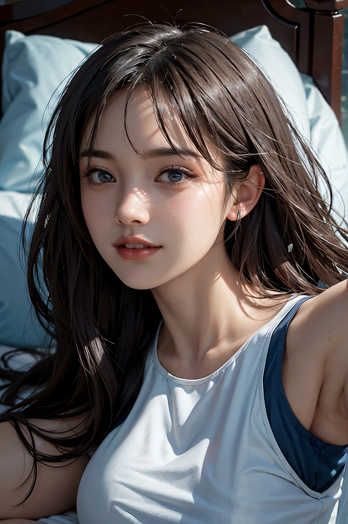 ((masterpiece)), ((best quality)), ((highres)), (nsfw), (photo-realistic:1.25), (professional lighting:1.3), a 28 years old beautiful Japanese woman, ((perfect detailed beautiful face)), complete elegant face, detailed eyes, detailed mouth, detailed skin, glossy lips, (light makeup:1.2), black hair, (forehead:1.2), medium length hair, smile, waist shot, posing for photo, pureerosface_v1, white cotton tank top, large breasts, outdoor, parking, ((from front)), sunset, bloom light,