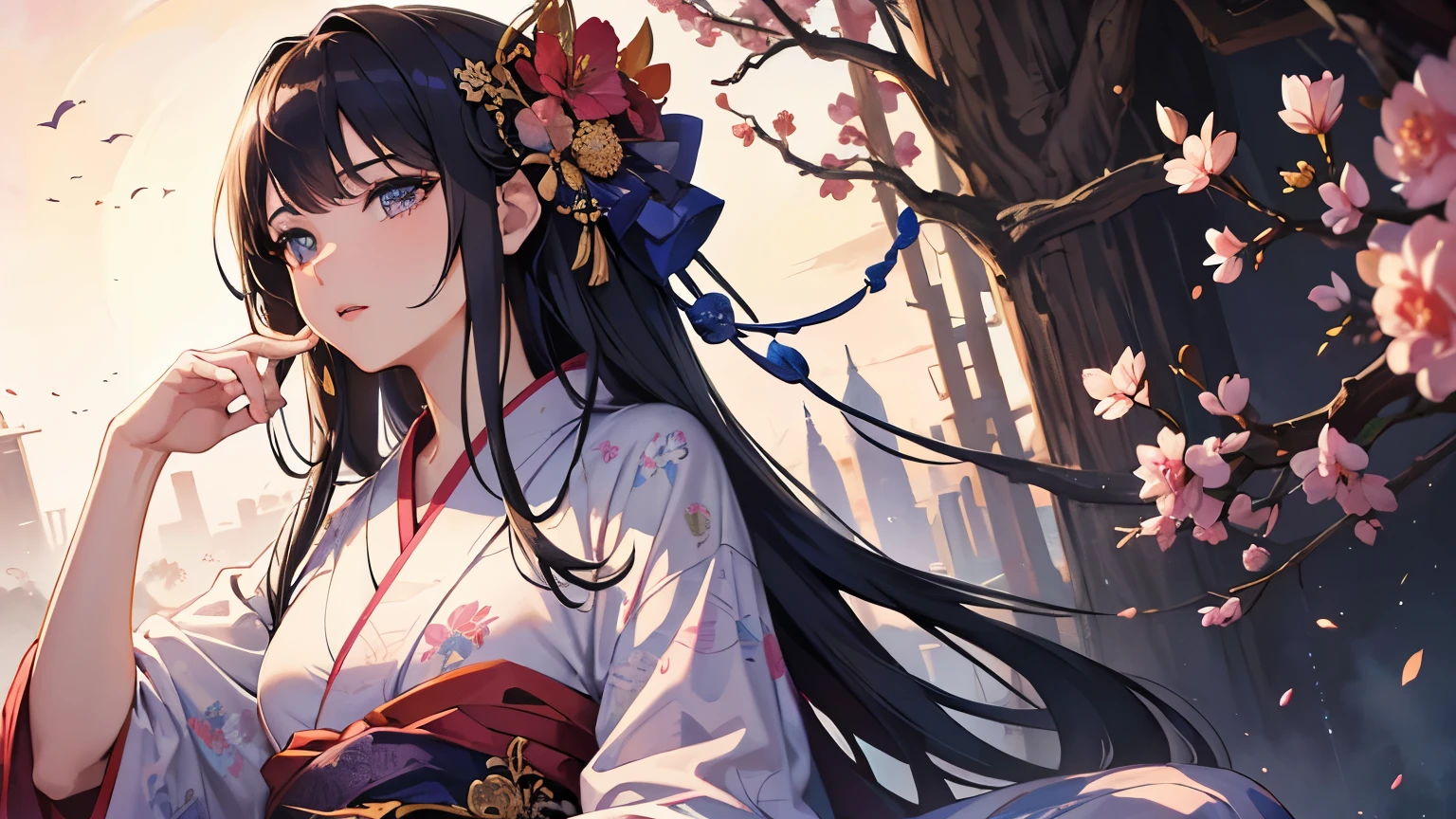 masterpiece,highest quality,((Super Detailed Woman1)),Super detailed face,Super detailed eye,yukata,Sitting,day time,Fantasy,Calm,nebula,High resolution