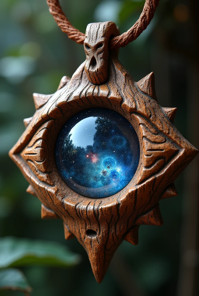 Wooden necklace with an eye-shaped edge and in the center of the eye a sphere that sees space inside