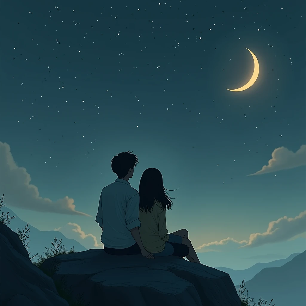 An animation of a man and a girl sitting on a rock looking at the crescent moon and stars without their faces being seen