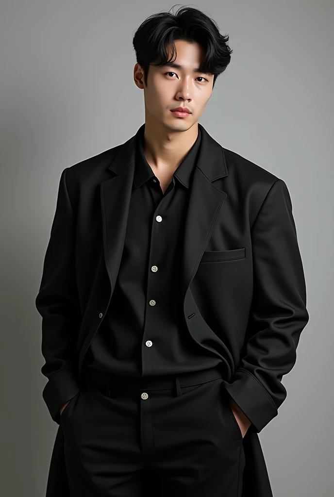 create a perfect realistic korean man around 30 years old, with black hair hair style, tall and strong, muscular and in black clothes