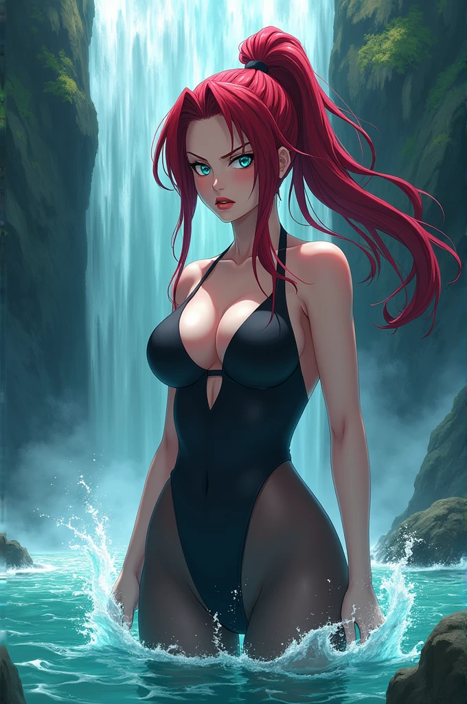 anime Kimetsu no Yaiba. Voluminous woman, Red lips,  Dark red hair tied in a ponytail, Serious turquoise eyes. in a waterfall 