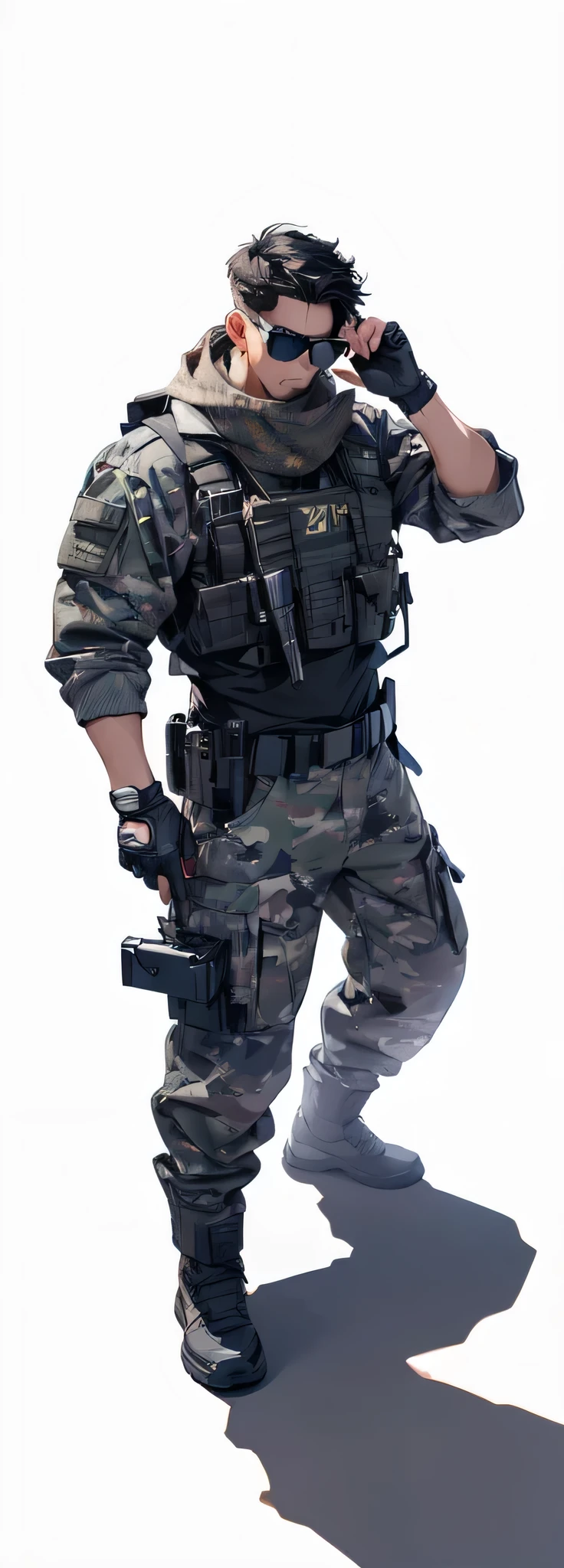 Create a detailed full-body illustration of a male character with short black hair and a sharp goatee. He is wearing futuristic tactical gear, including a camo-patterned uniform with rolled-up sleeves, a scarf around his neck, fingerless gloves, and a utility belt with pouches. He has a holstered weapon at his side, and is also equipped with high-tech sunglasses displaying a blue HUD, and a communication headset with a microphone. The character is adjusting his headset with one hand while standing confidently. The camera angle should be slightly above, looking down at the character to emphasize his commanding presence. The angle should be slightly more front-facing, but still maintain the original pose. Ensure the artwork is highly detailed with realistic shading, capturing the character's serious and professional demeanor