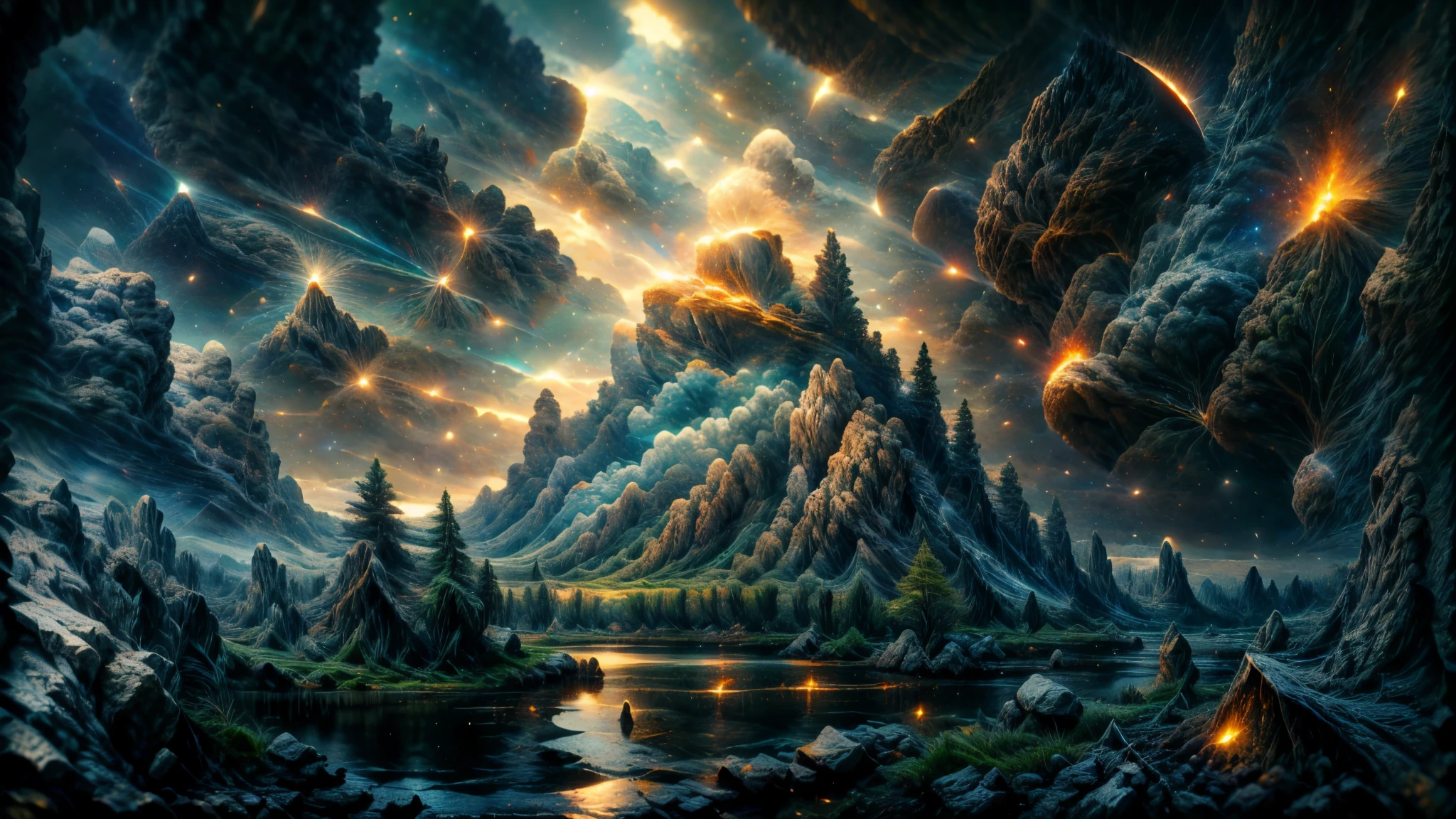 Amazing, 8K, gothic temple, Raw Photo, Amazing, Top Quality, Photorealistic and Highly Detailed, CG, High Quality, Highly Detailed, Particle Effects, Dynamic Effects, cinematic lights, flares, raytracing, realistic, ultra HD, fantasy, the wind, the beauty and brilliance of dramatic tall mountains and rich forests, the serenity and beauty of the world's grasslands and vast lands, Lakeside, wonderful scenery, beautiful natural scenery, night, starry sky, constellation, nebula, faint moon, space, gorgeous, view, water, constellation, wonder, fantastic, meteor, magic, best illumination, best shadow