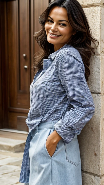 Maria Grazia Cucinotta wearing stylish cotton clothes in lines and smiling