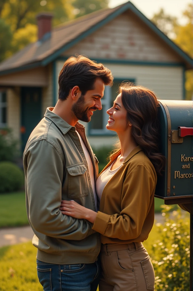 An image with an adult couple, the man leaning on a mailbox that has Karen and Marcos written on it , They stare at each other with much love, and in the background you can see a house with a garden