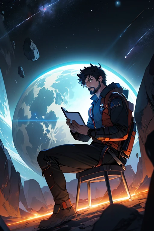 Draw a young programmer, sitting on a research platform floating in the middle of an asteroid belt. He is studying with a notebook, surrounded by several asteroids glowing with fiery auras. Dramatic lighting from distant stars and planets illuminates the scene, casting deep shadows on the suit. The young man looks confident and determined, looking at the vast and mysterious universe with wonder and respect,facial hair, cowboy shot,