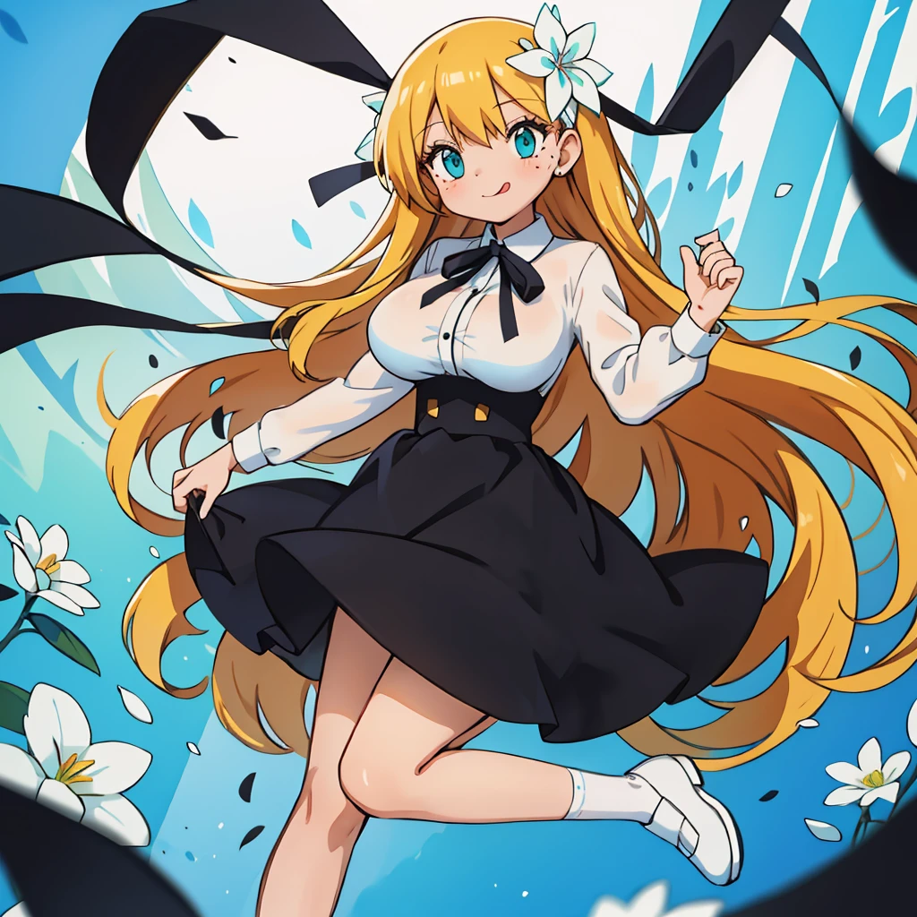 work, best quality, girl, long hair alternative, absurdly long hair, blonde hair, bow hair, Aqua eyes, Charming smile, Tongue, black eyes, Long eyelashes, Large Breasts, Mole on chest, White shirt, Black skirt, shoe, period, hair Ribbon, flower Ribbon, hair_Ribbon, hair_Ribbon, hair_flower