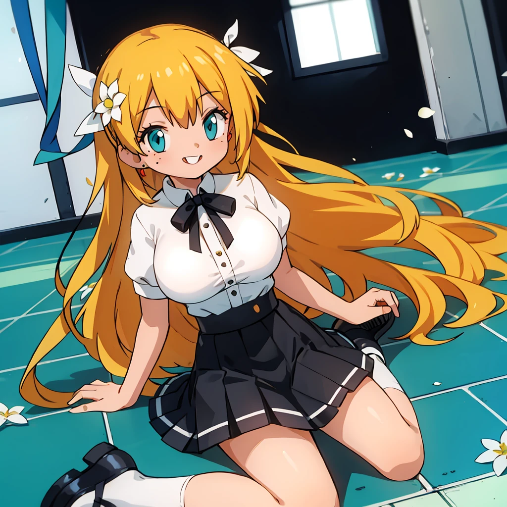 work, best quality, girl, long hair alternative, absurdly long hair, blonde hair, bow hair, Aqua eyes, Charming smile, Tongue, black eyes, Long eyelashes, Large Breasts, Mole on chest, White shirt, Black skirt, shoe, period, hair Ribbon, flower Ribbon, hair_Ribbon, hair_Ribbon, hair_flower