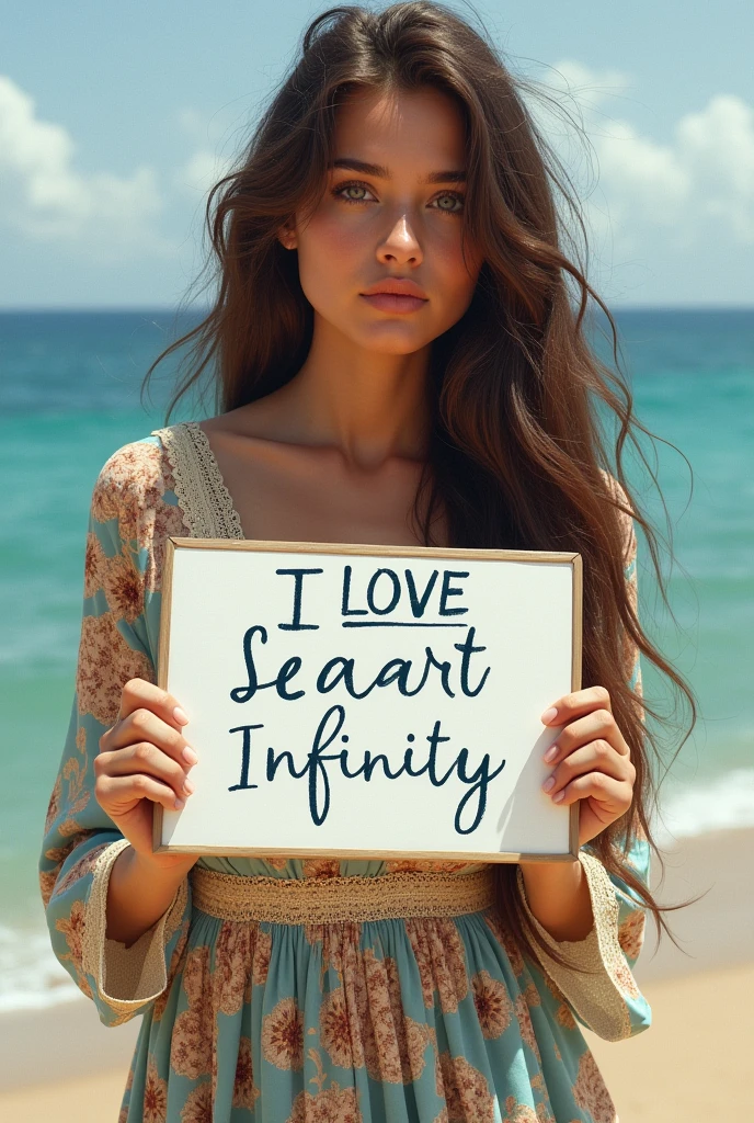 Beautiful girl with wavy long hair, bohemian dress, holding a white board with text "I Love Seaart Infinity" and showing it to the viewer