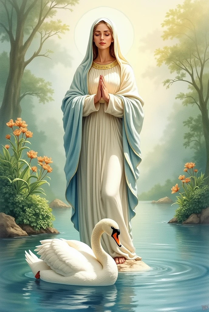 Virgin of the Swan of Ecuador in watercolor style 