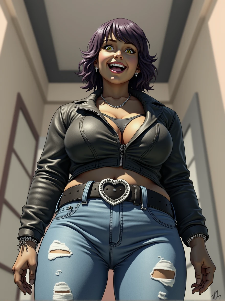 extremely obese, solo, susie deltarune, smooth skin, 1girl, (female:1.6), susie, reptilian, dark hair, messy hair, yellow eyes, muscular, chunky, stocky, thickset, (huge breasts:1.2), cleavage, broad shoulders, wide hips, huge ass, short tail, (nipple outline:0.9), thick legs, bare midriff, muscular thighs, standing upright, casual posture, leather jacket, spiked bracelets, jeans, heart shaped belt buckle, looking at viewer, laughing, yellow teeth, los angeles, alleyway, standing over viewer, low angle, from below, full body, by darkgem, by duase, by kevinsano, by gideon,