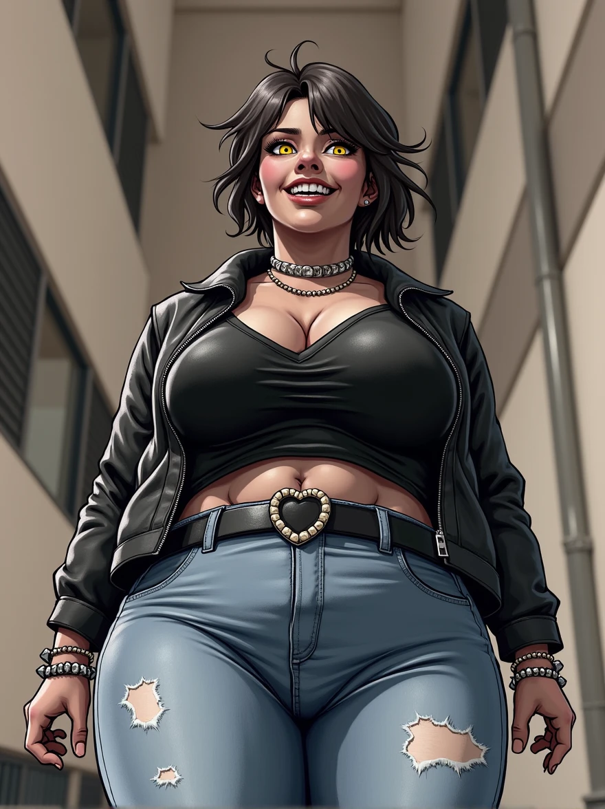 extremely obese, solo, susie deltarune, smooth skin, 1girl, (female:1.6), susie, reptilian, dark hair, messy hair, yellow eyes, muscular, chunky, stocky, thickset, (huge breasts:1.2), cleavage, broad shoulders, wide hips, huge ass, short tail, (nipple outline:0.9), thick legs, bare midriff, muscular thighs, standing upright, casual posture, leather jacket, spiked bracelets, jeans, heart shaped belt buckle, looking at viewer, laughing, yellow teeth, los angeles, alleyway, standing over viewer, low angle, from below, full body, by darkgem, by duase, by kevinsano, by gideon,