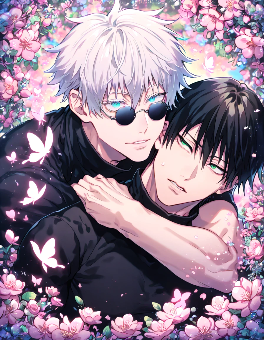 absurdres, highres, ultra detailed, HDR, master piece, best quality, extremely detailed face, delicated features, Fushiguro Touji, straight black hair, expressive green eyes, Jujutsu Kaisen, Gojou Satoru, white hair, expressive blue eyes, white eyelashes, round black sunglasses, two sexy men together, yaoi, gay couple, handsome, manly man, black tight T-shirt, Jujutsu uniform, blossoms, pink flowers, pink butterflies, fantasy, magic, radiant