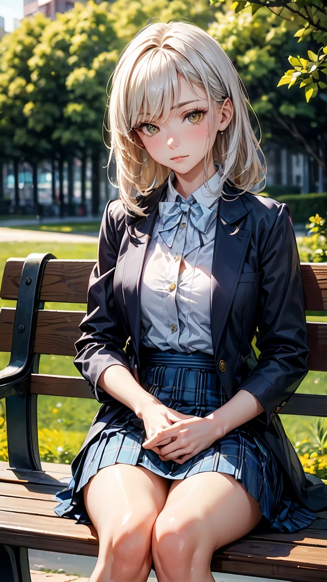 

"A realistic image of a young girl, around 20 years, sitting on a park bench. She has short silvery white hair, with a delicate flower attached, striking yellow eyes. She has a serious expression. The woman is wearing a white top and a red plaid skirt, combined with black thigh-high socks. The background features a vibrant and lively park, full of flowers in bloom and people moving in the distance, under the golden light of dusk. The general atmosphere is serene, but busy."