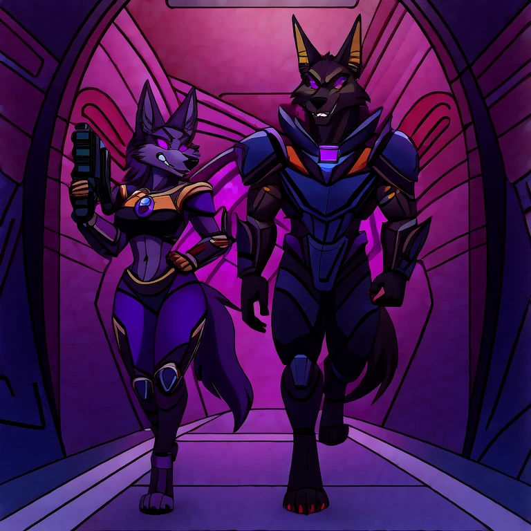 (masterpiece, best quality:1.2), Vortex female and male anubian jackals hellhounds couple, wolf, furry, helluva boss, angry growlings, wearing futuristic armor, using a Pulse Rifle, Energy Rifle, Futuristic assault rifle, hypnotized with completely spyral glowing purple eyes with no irises or pupils, chasing, full body image, laboratoty hallway background