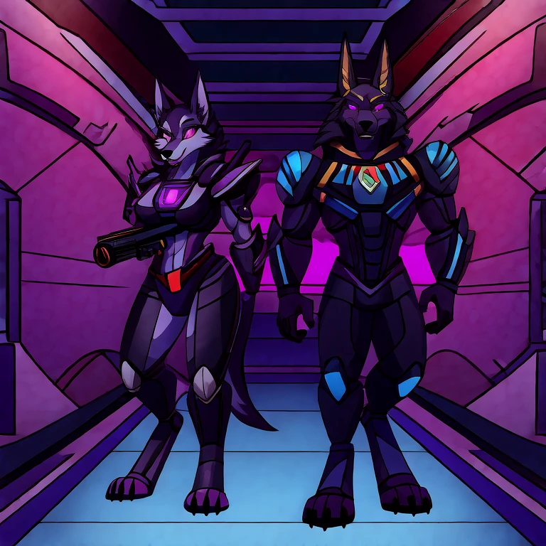 (masterpiece, best quality:1.2), Vortex female and male anubian jackals hellhounds couple, wolf, furry, helluva boss, angry growlings, wearing futuristic armor, using a Pulse Rifle, Energy Rifle, Futuristic assault rifle, hypnotized with completely spyral glowing purple eyes with no irises or pupils, chasing, full body image, laboratoty hallway background