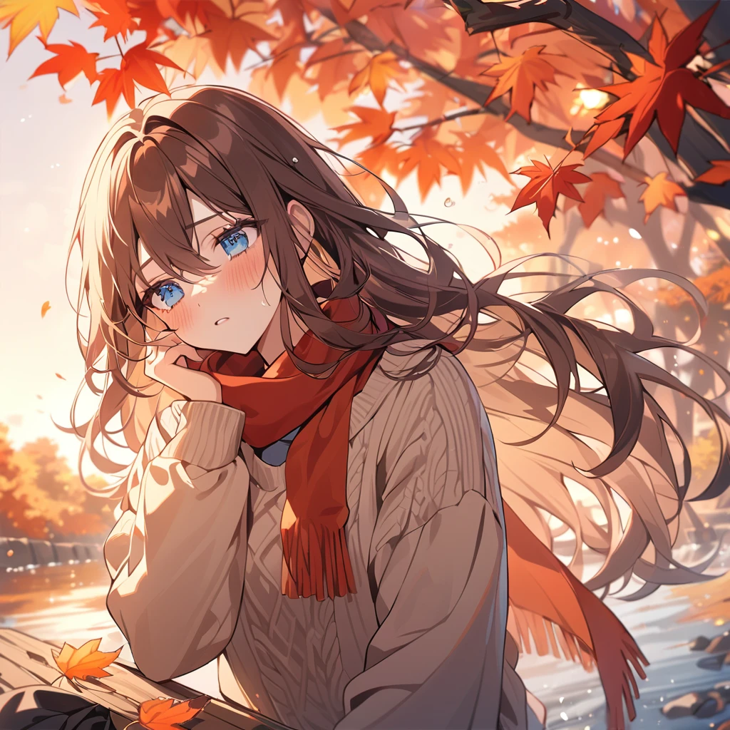 (masterpiece), best quality, Extremely detailed, illustration, Warm lighting, Soft lighting, Vibrant colors, 1 girl, Solitary,( beautiful girl, Long hair, blue eyes, Ribbon, Brown hair, Hair between the eyes, hair Ribbon, Side lock, very Long hair, Messy hair,) , autumn, Many maple trees, Maple Leaf, Gold Leaf, Autumn Leaves, Dried leaves, river, Fresh air, Peace, Cool breeze , Sweater Weather,( Wear a white or brown sweater, red scarf, Melancholy的autumn, eager的, Melancholy, sad ,Worry, eager,)