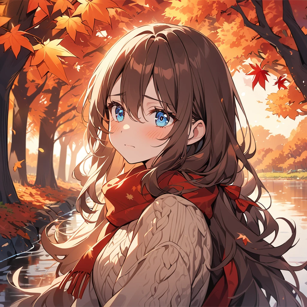 (masterpiece), best quality, Extremely detailed, illustration, Warm lighting, Soft lighting, Vibrant colors, 1 girl, Solitary,( beautiful girl, Long hair, blue eyes, Ribbon, Brown hair, Hair between the eyes, hair Ribbon, Side lock, very Long hair, Messy hair,) , autumn, Many maple trees, Maple Leaf, Gold Leaf, Autumn Leaves, Dried leaves, river, Fresh air, Peace, Cool breeze , Sweater Weather,( Wear a white or brown sweater, red scarf, Melancholy的autumn, eager的, Melancholy, sad ,Worry, eager,)