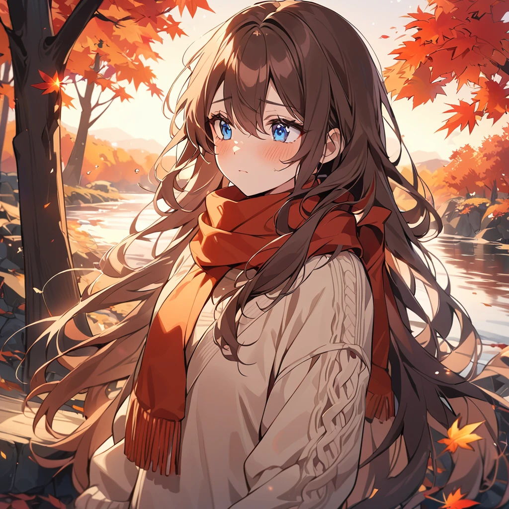 (masterpiece), best quality, Extremely detailed, illustration, Warm lighting, Soft lighting, Vibrant colors, 1 girl, Solitary,( beautiful girl, Long hair, blue eyes, Ribbon, Brown hair, Hair between the eyes, hair Ribbon, Side lock, very Long hair, Messy hair,) , autumn, Many maple trees, Maple Leaf, Gold Leaf, Autumn Leaves, Dried leaves, river, Fresh air, Peace, Cool breeze , Sweater Weather,( Wear a white or brown sweater, red scarf, Melancholy的autumn, eager的, Melancholy, sad ,Worry, eager,)