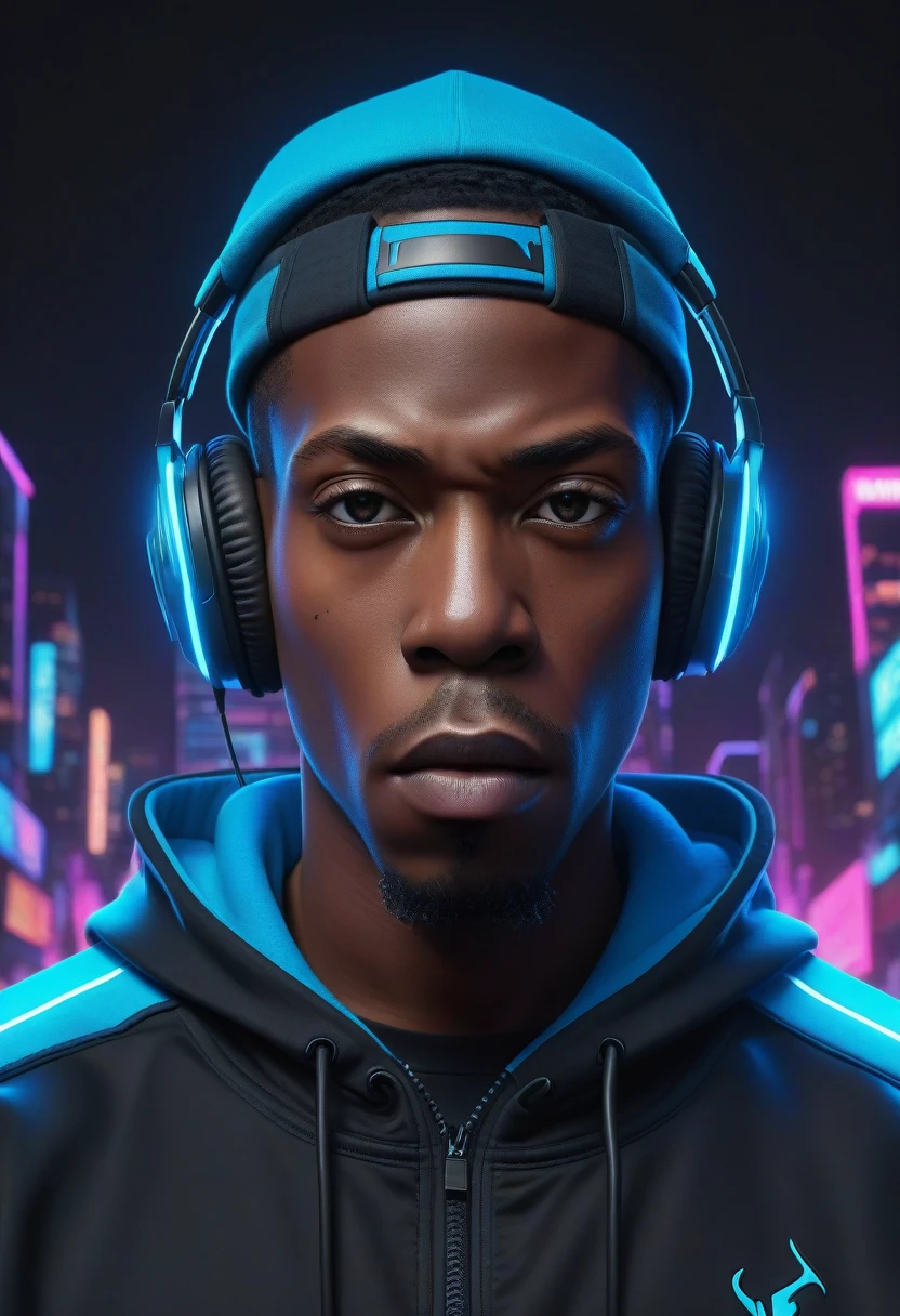 Hyper-realistic Pixar-style portrait of a futuristic black cyborg, blending shawt Wearing a vibrant blue hoodie and sleek headphones, he emerges from a neon-drenched synthwave cityscape. Vectorized details pop against a dark background, merging lofi hip-hop aesthetics with Mortal Kombat's epic intensity.