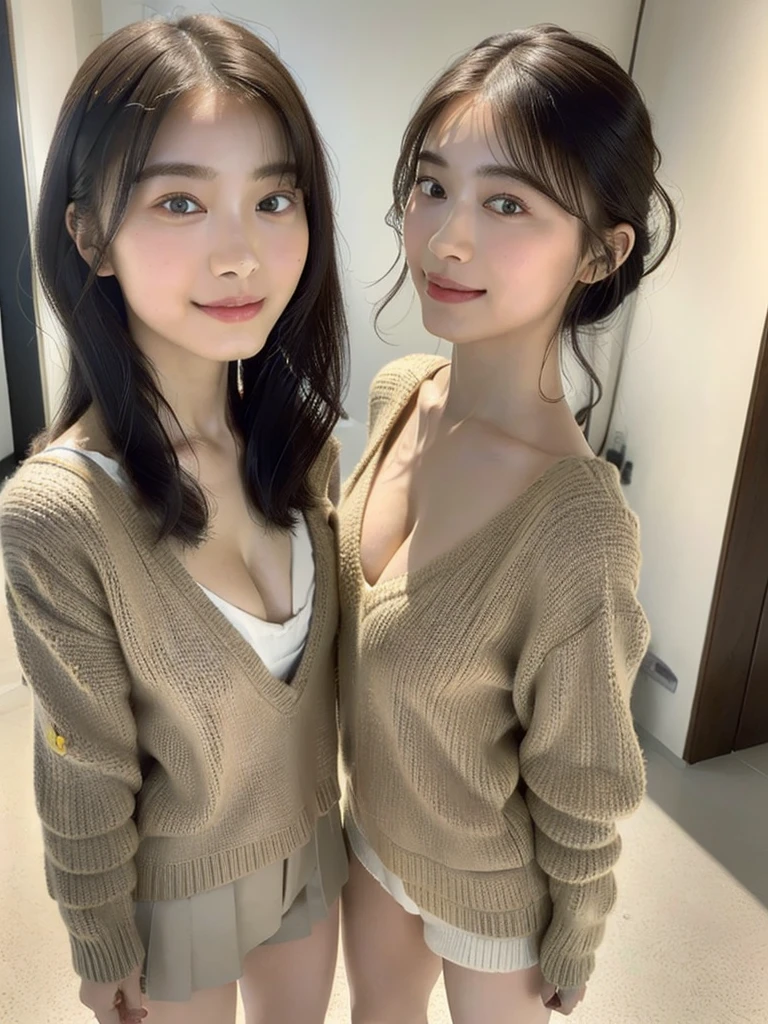 (masterpiece:1.3), (8k, Photoreal, Raw photo, best image quality: 1.4), Japanese high school girl、(random hairstyle:1.2)、:1.5、super ail face、eye for details、double eyelid、chest to chest、sharp focus:1.2、Beautiful woman:1.4、light brown hair、highest quality、masterpiece、超A high resolution、(Photoreal:1.4)、Highly detailed and professionally lit smiles、loose and light knitwear、shoulder out、thin、serious expression、short haired、deadly position
similar identical twins
All the girls have the exact same face, The two have the same face and figure, as if they were mirror images.