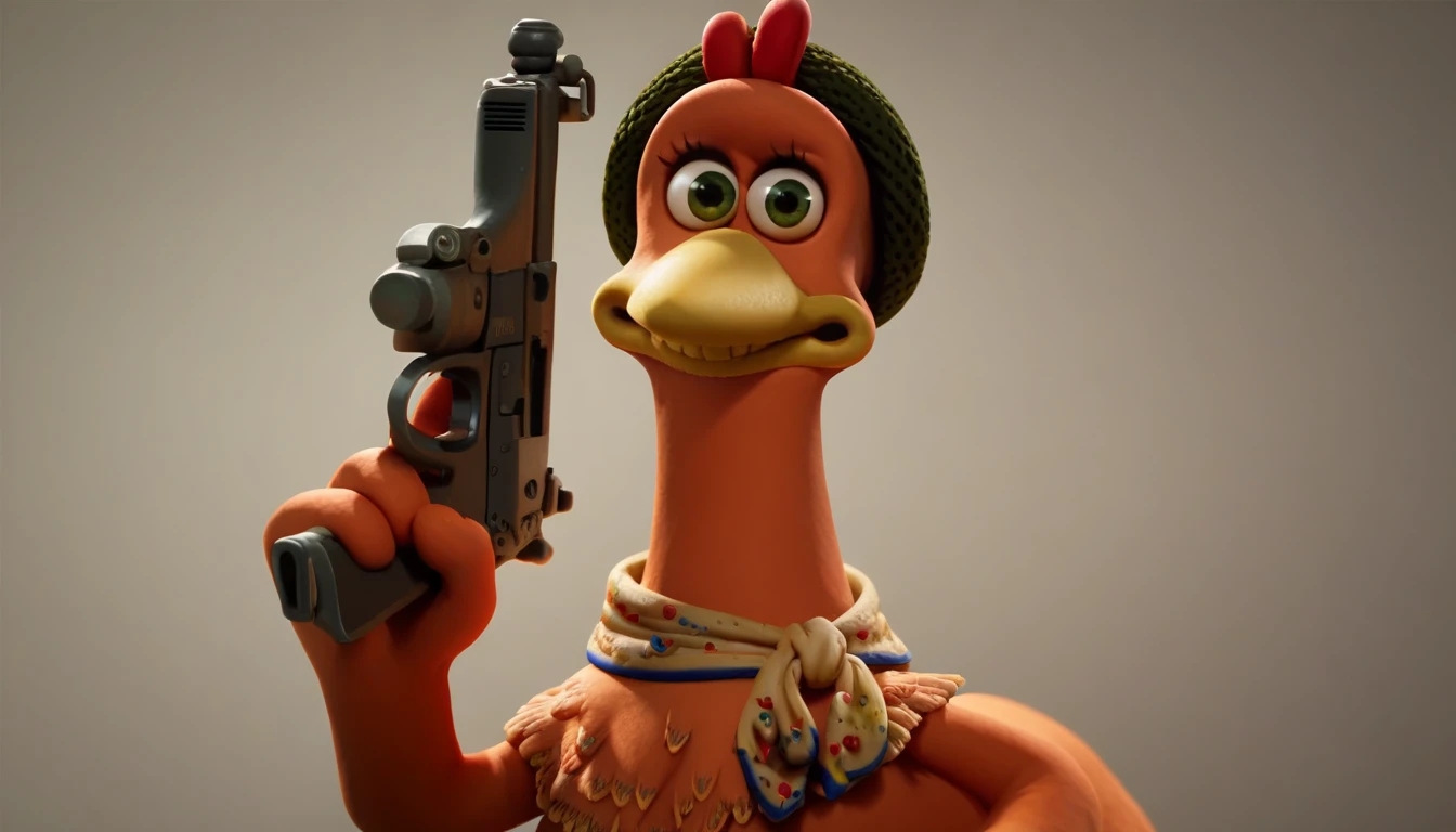 ginger, chicken, rooster, green beret, scarf, holding a gun