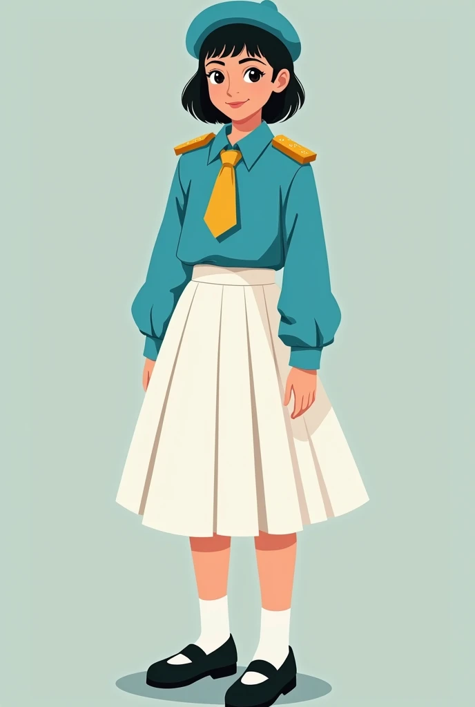 A 15-year-old girl wearing a turquoise blue long-sleeved shirt, White skirt with straight line on the side in gold, Simple golden shoulder pads, gold tie, black shoes and turquoise blue beret