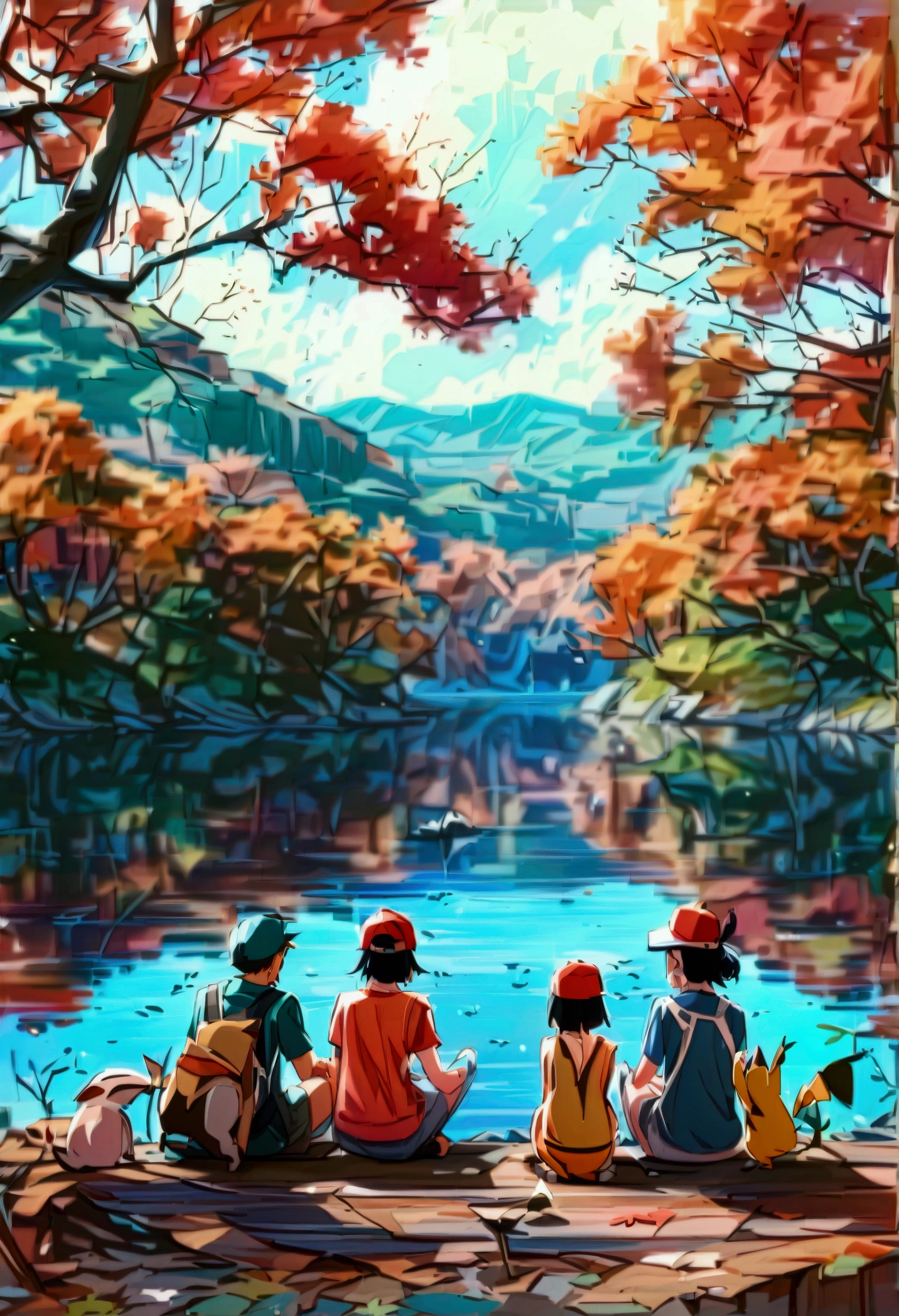 ash ketchum with his friends, Brock sitting on his left and Misty sitting on his right, The three of them are sitting by the lake, fishing for new pokemon, Pokémon anime episode screen cap