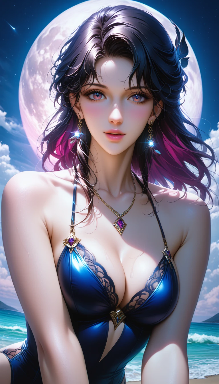 1 girl with mauve purple hair, featuring darker highlights and beautiful curls. She has dragon horns, turquoise eyes. She is adorned in an intricate galaxy outfit, showcasing a dark purple ensemble with an dark purple off-shoulder top, lace, shorts, flat chest, dragon scales, dragon wings
