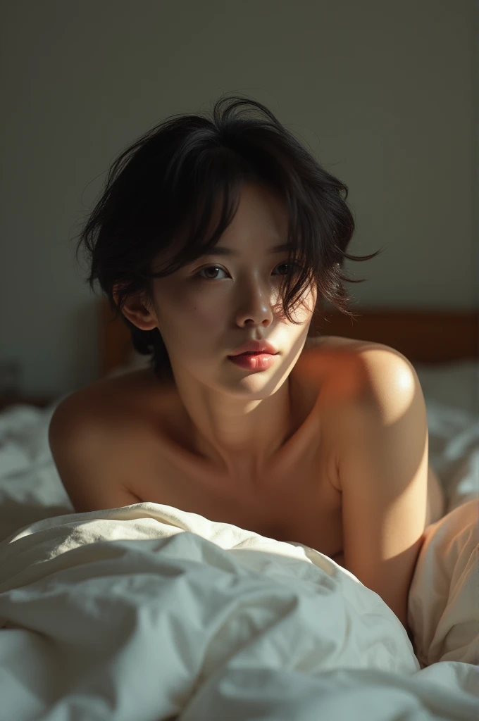 Woman in her 20s、short hair、bed、naked